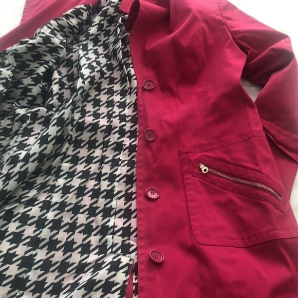Bandolino Stretch rain trench coat in hot pink belt zipper pockets houndstooth - Picture 10 of 11